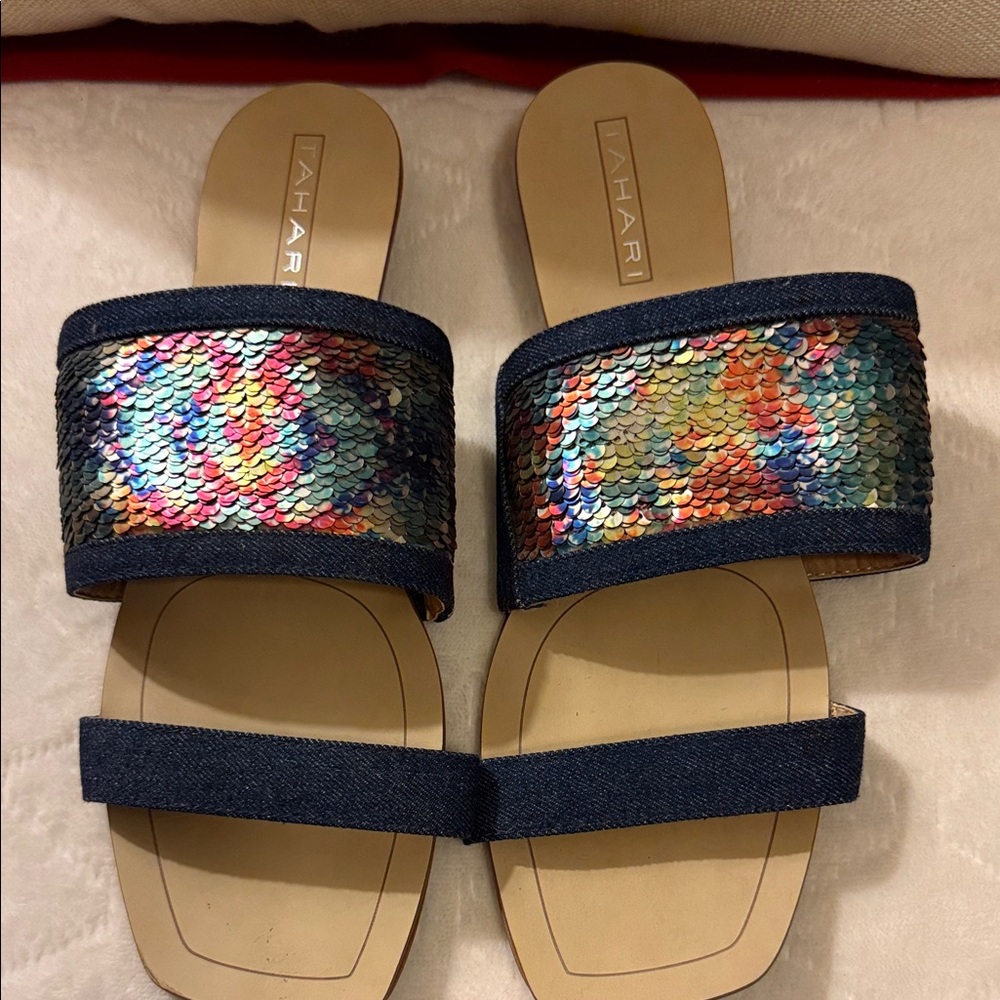Navy Denim Slide Sandals with Multicolor Sequin Strap